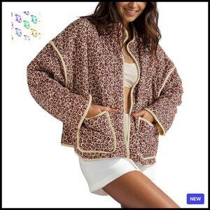 Quilted Cropped Puffer Jacket Open Front Cardigan Floral Print Lightweight